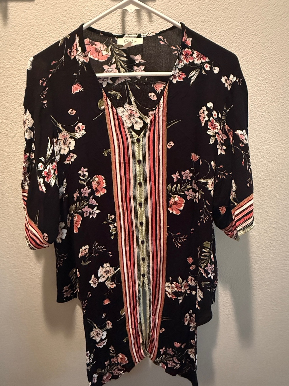 Style & Co. Black Floral Button-Front Tunic with Pink Stripes